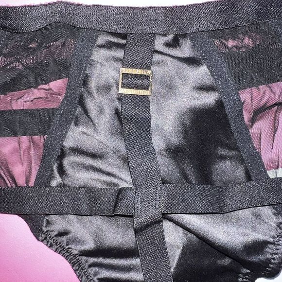 NWT BLUEBELLA unlined 36C BRA SET+M high-waist thong BLACK strappy mesh satin - Picture 4 of 6